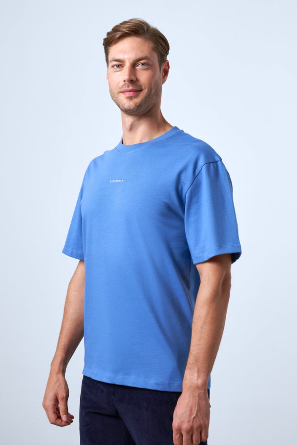 Sportempt Nakışlı Erkek Oversize Bisiklet Yaka T-shirt - Mavi