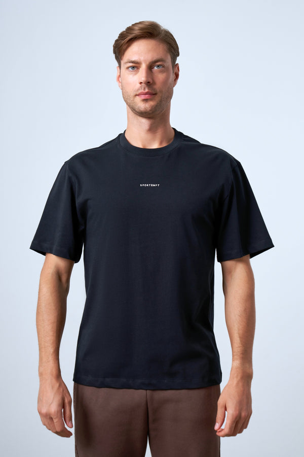 Sportempt Nakışlı Erkek Oversize Bisiklet Yaka T-shirt - Siyah