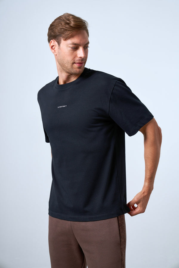 Sportempt Nakışlı Erkek Oversize Bisiklet Yaka T-shirt - Siyah