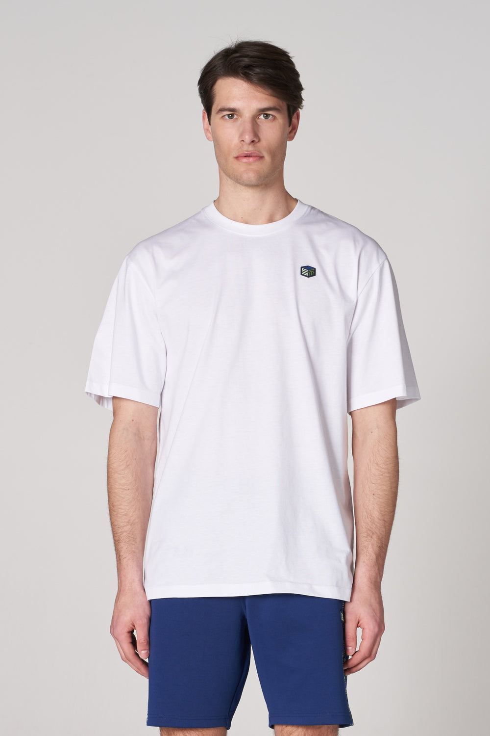 ST 3D Kübik İmzalı Erkek Oversize Bisiklet Yaka T-shirt - Beyaz