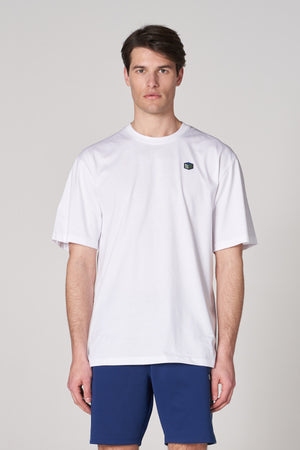 ST 3D Kübik İmzalı Erkek Oversize Bisiklet Yaka T-shirt - Beyaz