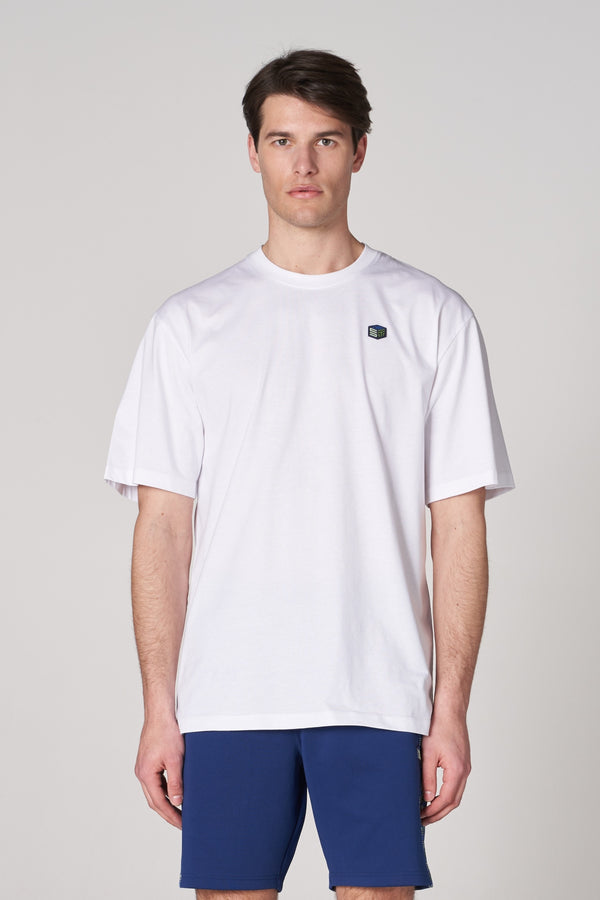 ST 3D Kübik İmzalı Erkek Oversize Bisiklet Yaka T-shirt - Beyaz