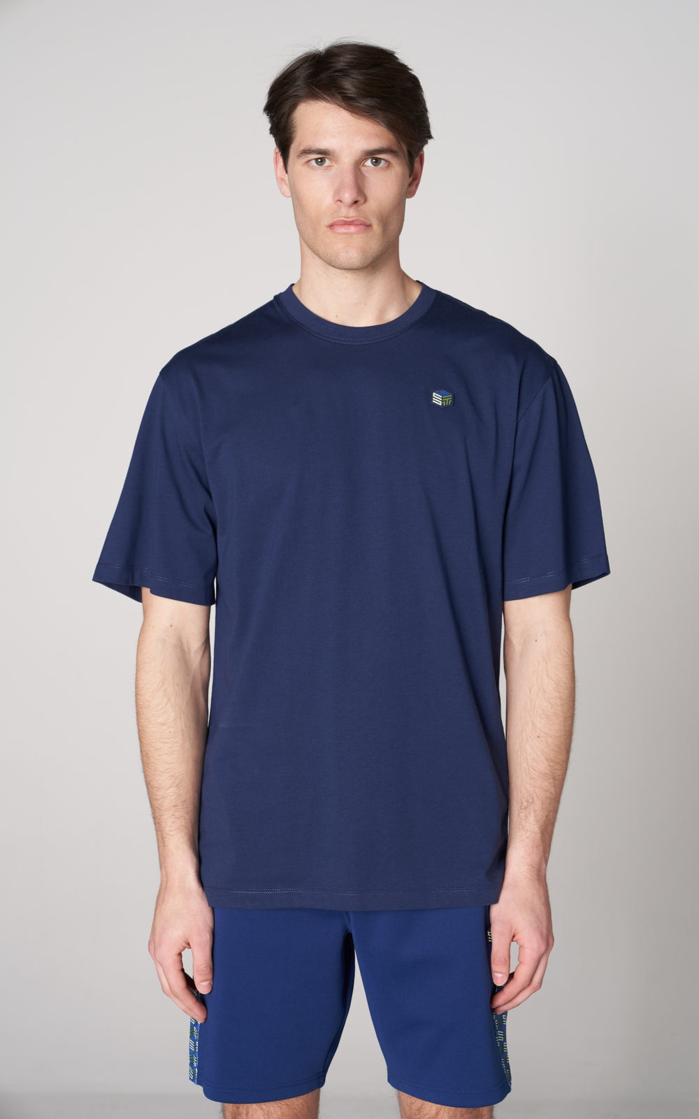 ST 3D Kübik İmzalı Erkek Oversize Bisiklet Yaka T-shirt - Lacivert