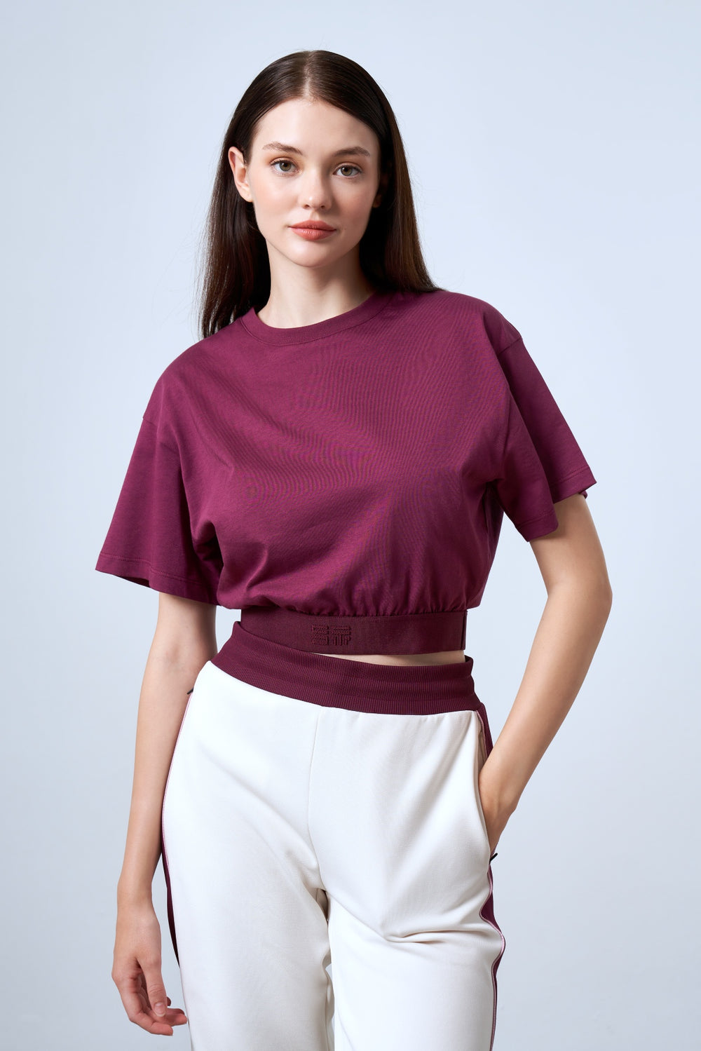 ST İmzalı Jakarlı Lastik Detaylı Kadın Crop T-shirt - Bordo