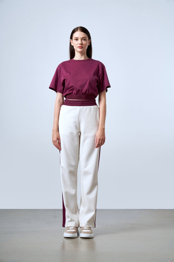 ST İmzalı Jakarlı Lastik Detaylı Kadın Crop T-shirt - Bordo
