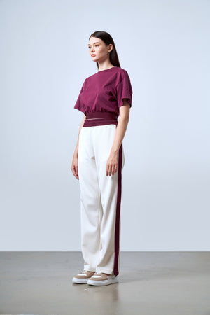 ST İmzalı Jakarlı Lastik Detaylı Kadın Crop T-shirt - Bordo