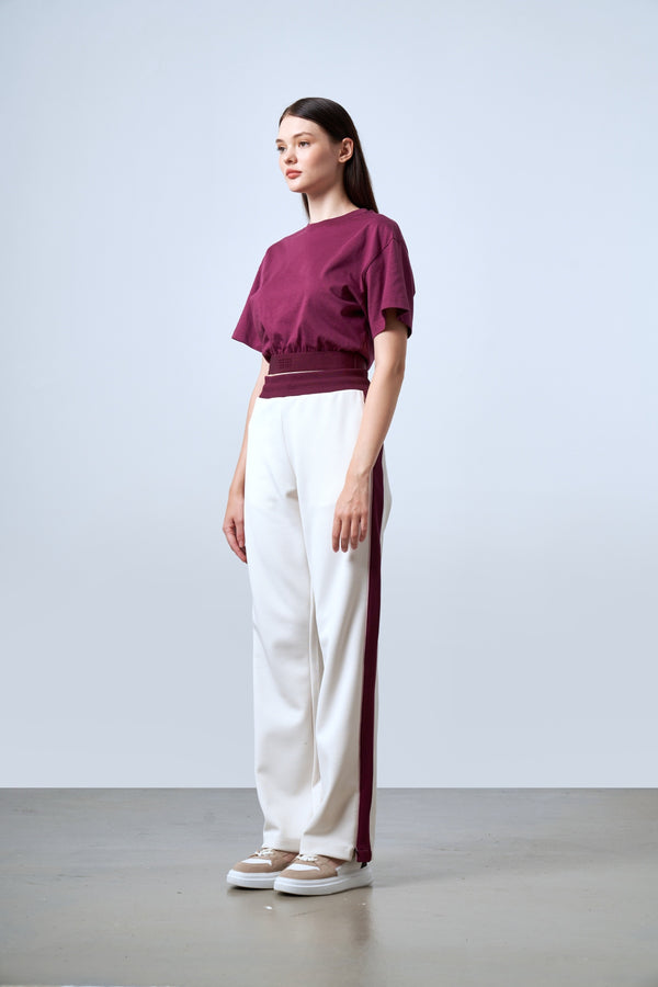 ST İmzalı Jakarlı Lastik Detaylı Kadın Crop T-shirt - Bordo