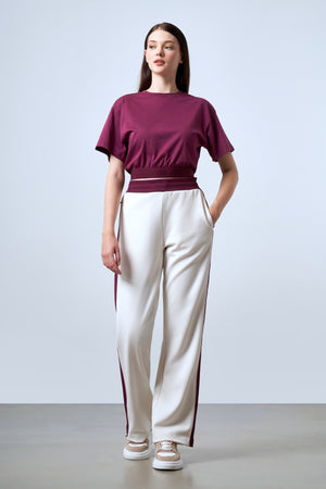 ST İmzalı Jakarlı Lastik Detaylı Kadın Crop T-shirt - Bordo