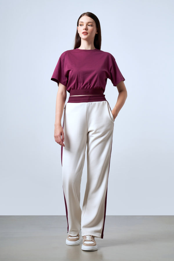 ST İmzalı Jakarlı Lastik Detaylı Kadın Crop T-shirt - Bordo