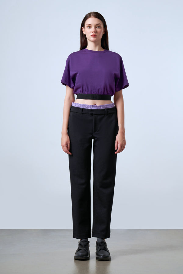 ST İmzalı Jakarlı Lastik Detaylı Kadın Crop T-shirt - Mor