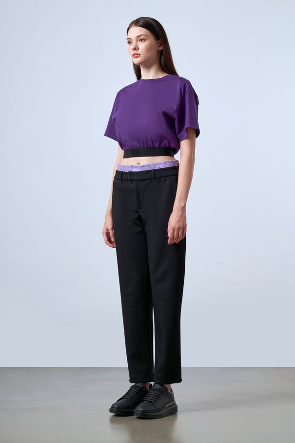 ST İmzalı Jakarlı Lastik Detaylı Kadın Crop T-shirt - Mor