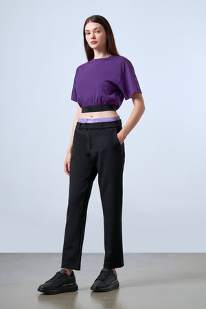 ST İmzalı Jakarlı Lastik Detaylı Kadın Crop T-shirt - Mor