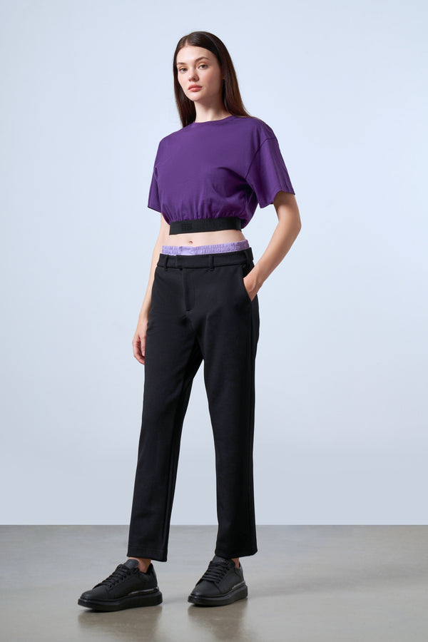 ST İmzalı Jakarlı Lastik Detaylı Kadın Crop T-shirt - Mor