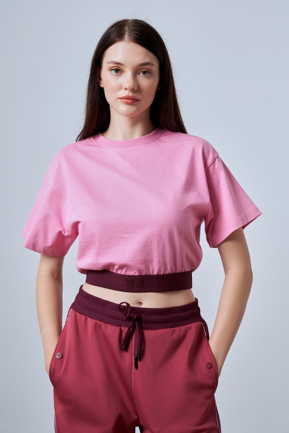 ST İmzalı Jakarlı Lastik Detaylı Kadın Crop T-shirt - Pembe