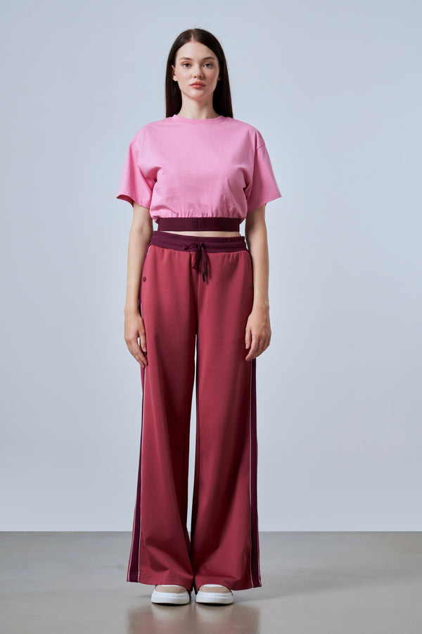 ST İmzalı Jakarlı Lastik Detaylı Kadın Crop T-shirt - Pembe