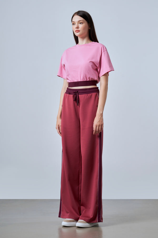 ST İmzalı Jakarlı Lastik Detaylı Kadın Crop T-shirt - Pembe