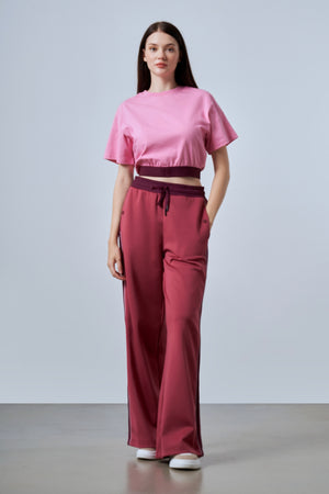 ST İmzalı Jakarlı Lastik Detaylı Kadın Crop T-shirt - Pembe