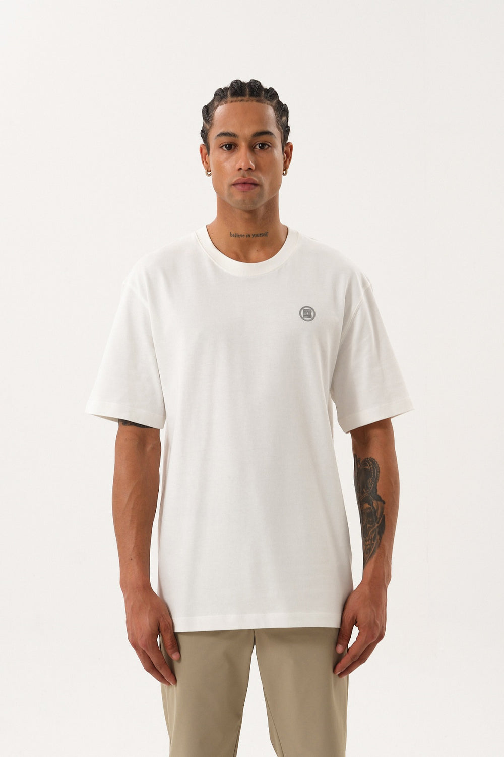 ST Logo İmzalı Erkek Oversize Bisiklet Yaka T-shirt - Ekru