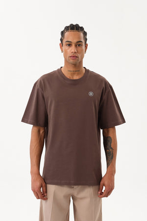 ST Logo İmzalı Erkek Oversize Bisiklet Yaka T-shirt - Kahverengi
