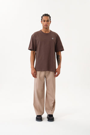 ST Logo İmzalı Erkek Oversize Bisiklet Yaka T-shirt - Kahverengi