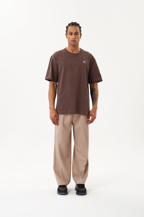 ST Logo İmzalı Erkek Oversize Bisiklet Yaka T-shirt - Kahverengi
