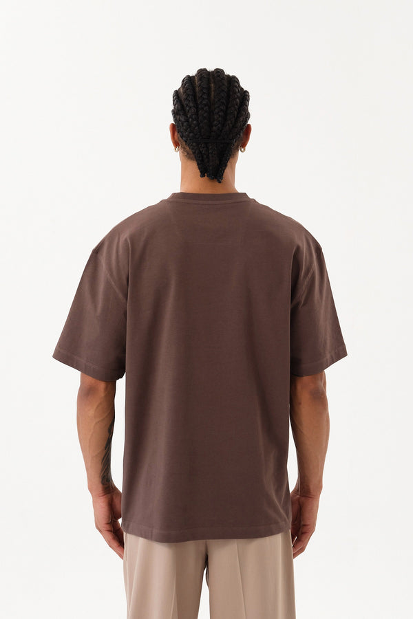 ST Logo İmzalı Erkek Oversize Bisiklet Yaka T-shirt - Kahverengi