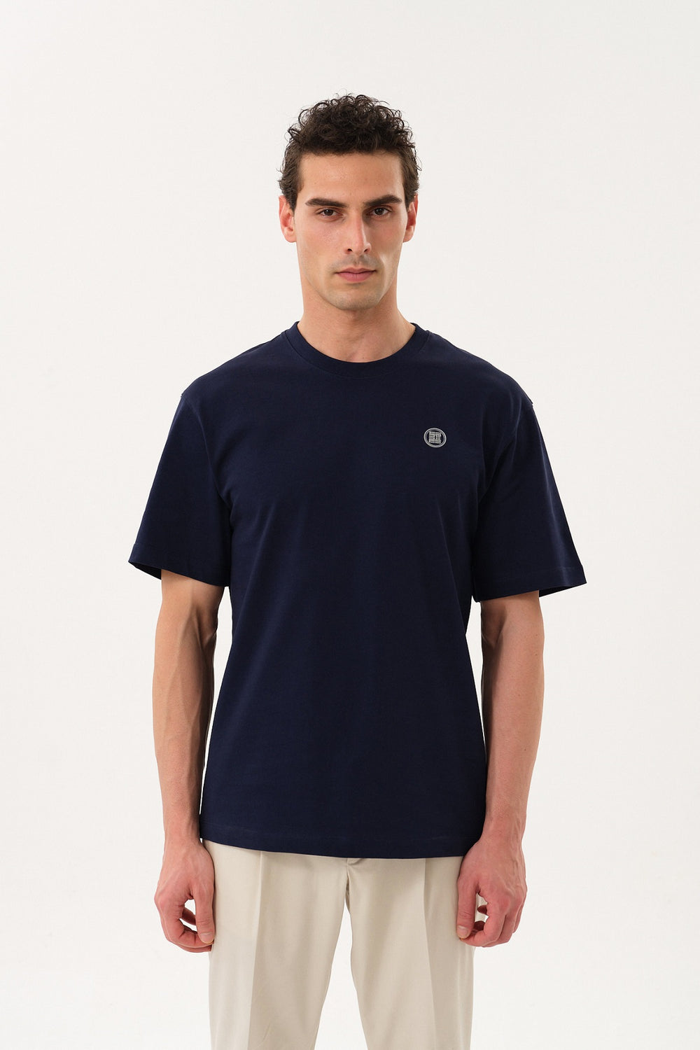 ST Logo İmzalı Erkek Oversize Bisiklet Yaka T-shirt - Lacivert