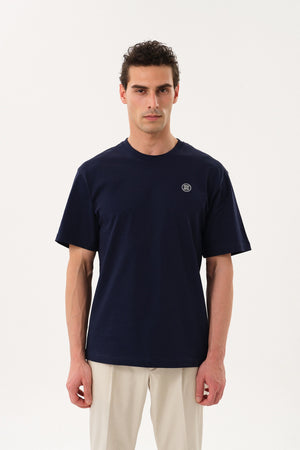 ST Logo İmzalı Erkek Oversize Bisiklet Yaka T-shirt - Lacivert