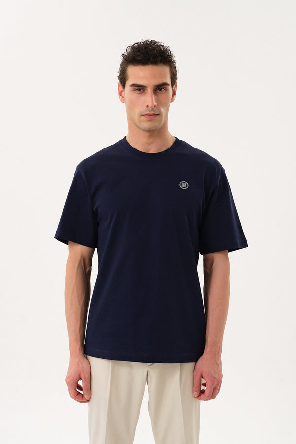 ST Logo İmzalı Erkek Oversize Bisiklet Yaka T-shirt - Lacivert