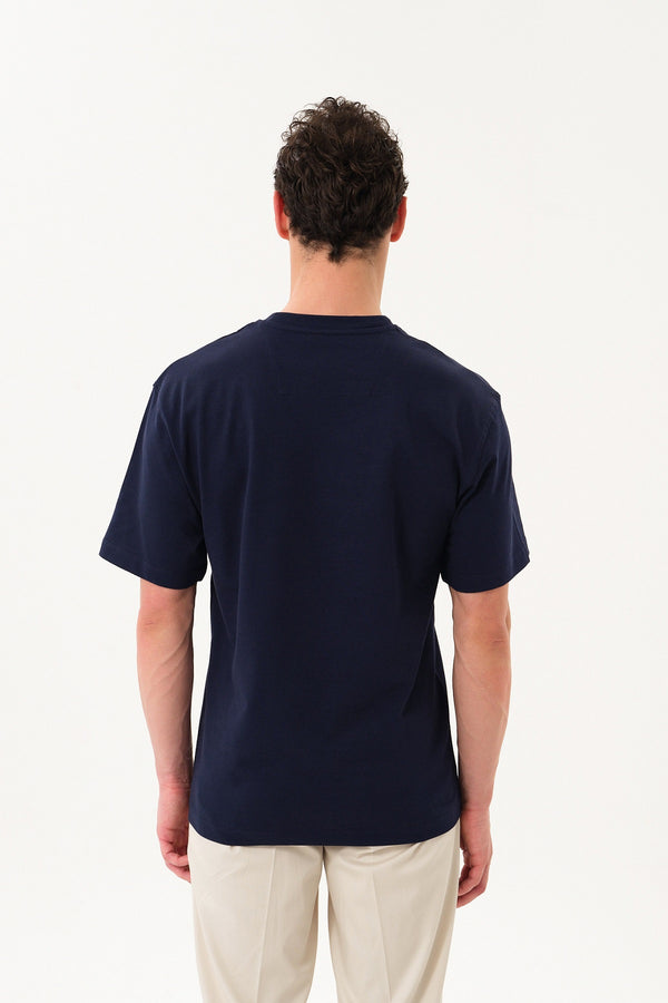 ST Logo İmzalı Erkek Oversize Bisiklet Yaka T-shirt - Lacivert