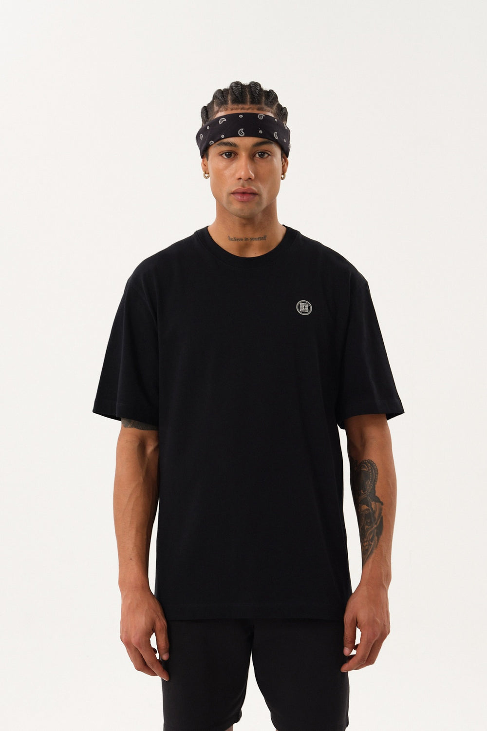 ST Logo İmzalı Erkek Oversize Bisiklet Yaka T-shirt - Siyah