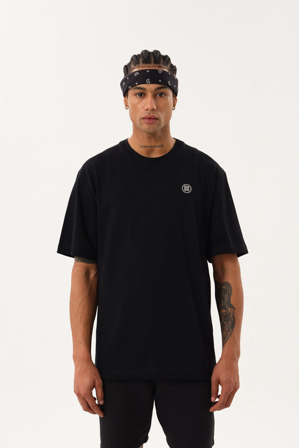 ST Logo İmzalı Erkek Oversize Bisiklet Yaka T-shirt - Siyah