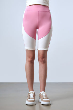 ST Logo İmzalı Renk Bloklu Kadın Biker Tayt - Pembe Ekru