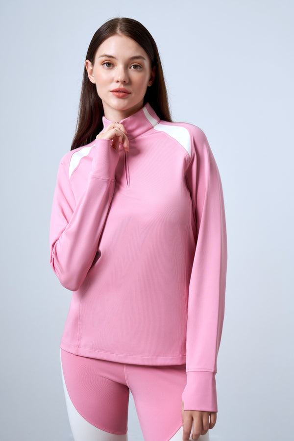 ST Logo İmzalı Renk Bloklu Yarım Fermuarlı Kadın Performans Top - Pembe Ekru