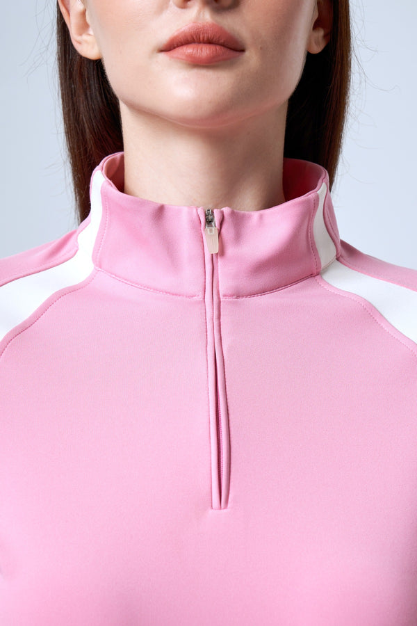 ST Logo İmzalı Renk Bloklu Yarım Fermuarlı Kadın Performans Top - Pembe Ekru