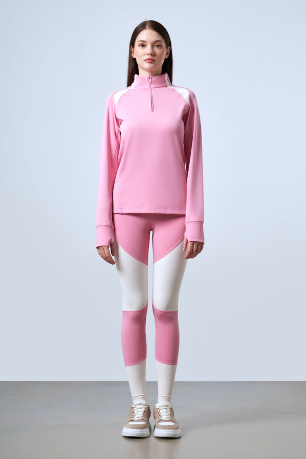 ST Logo İmzalı Renk Bloklu Yarım Fermuarlı Kadın Performans Top - Pembe Ekru