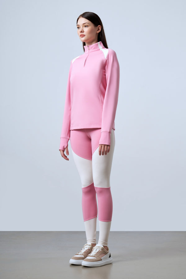 ST Logo İmzalı Renk Bloklu Yarım Fermuarlı Kadın Performans Top - Pembe Ekru
