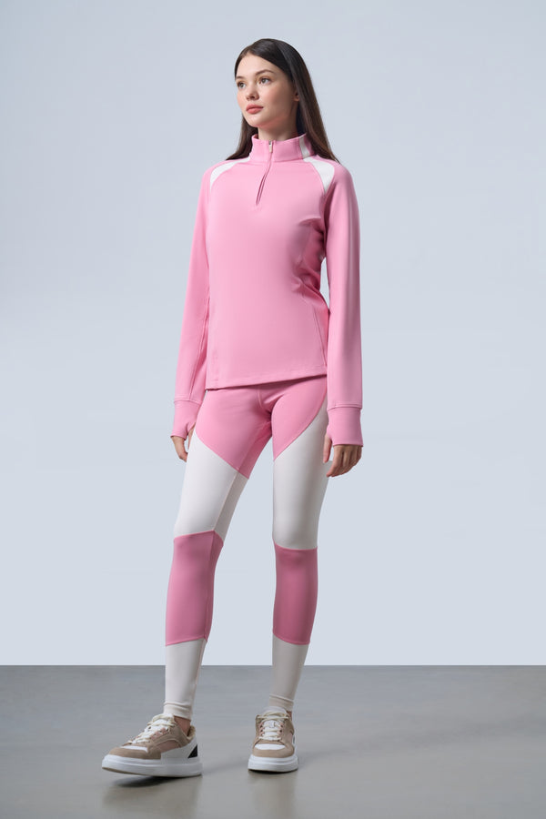 ST Logo İmzalı Renk Bloklu Yarım Fermuarlı Kadın Performans Top - Pembe Ekru