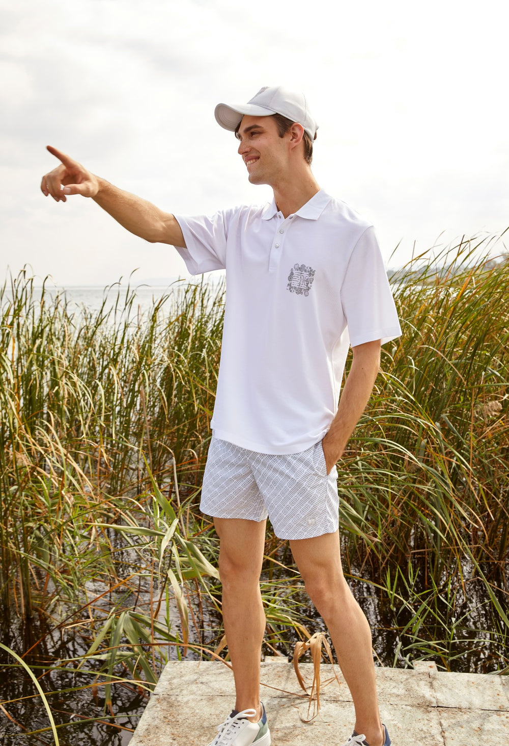 Supima Pamuk ST Grafik Baskılı Erkek Oversize Polo - Beyaz