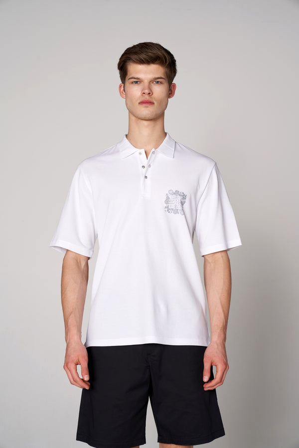 Supima Pamuk ST Grafik Baskılı Erkek Oversize Polo - Beyaz