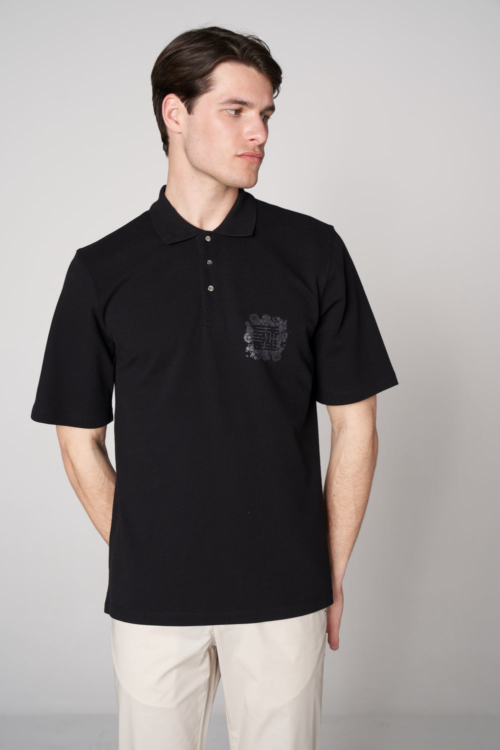 Supima Pamuk ST Grafik Baskılı Erkek Oversize Polo - Siyah