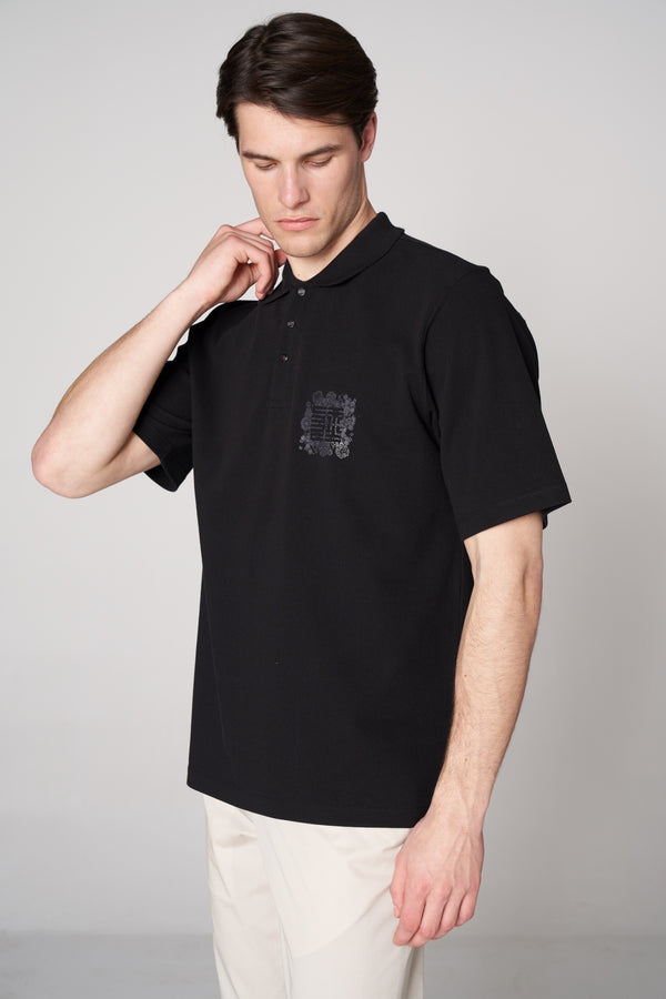 Supima Pamuk ST Grafik Baskılı Erkek Oversize Polo - Siyah
