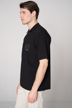 Supima Pamuk ST Grafik Baskılı Erkek Oversize Polo - Siyah