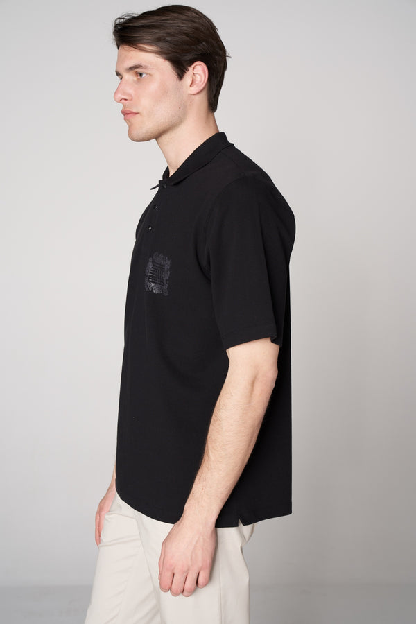 Supima Pamuk ST Grafik Baskılı Erkek Oversize Polo - Siyah