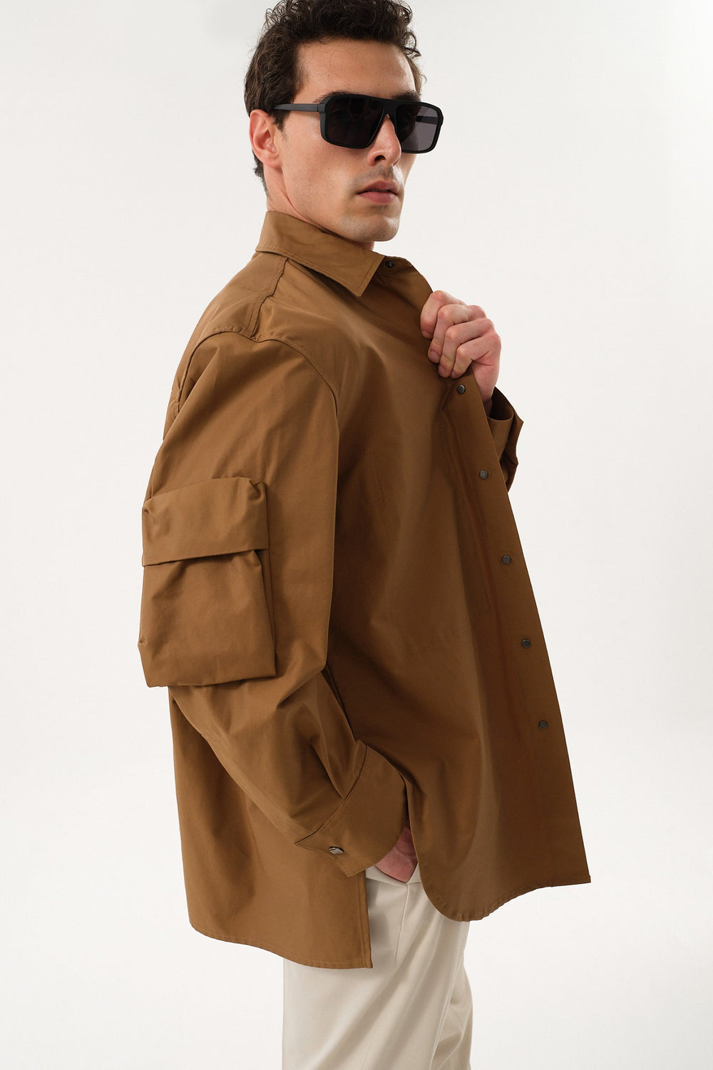 Teknik Kumaşlı Erkek Oversize Dış Gömlek - Camel