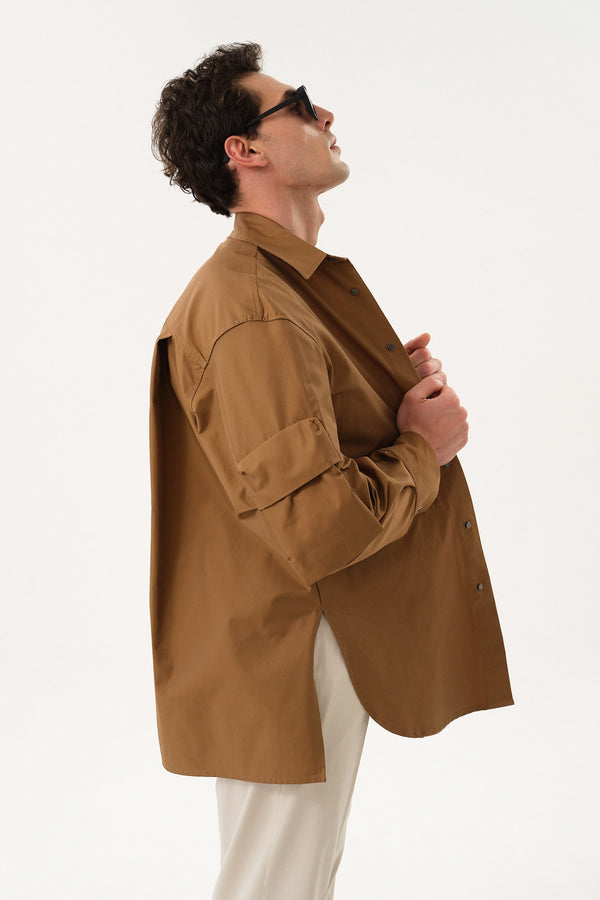 Teknik Kumaşlı Erkek Oversize Dış Gömlek - Camel