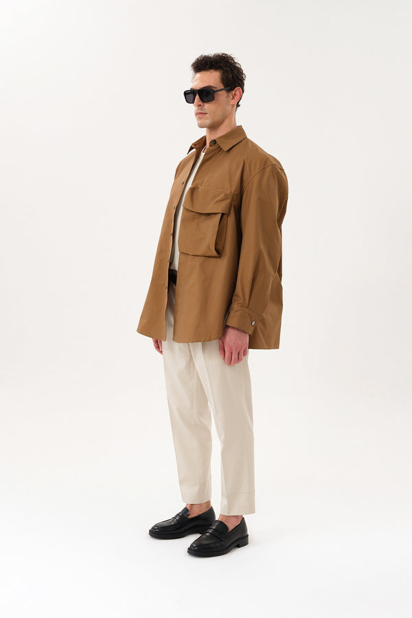 Teknik Kumaşlı Erkek Oversize Dış Gömlek - Camel