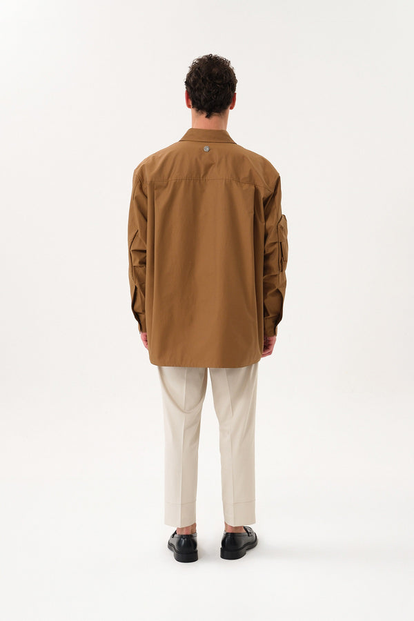 Teknik Kumaşlı Erkek Oversize Dış Gömlek - Camel