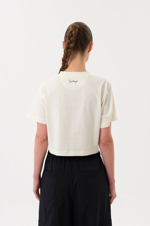 Wild Horse Grafik Baskılı Crop Kadın Bisiklet Yaka T-shirt - Ekru