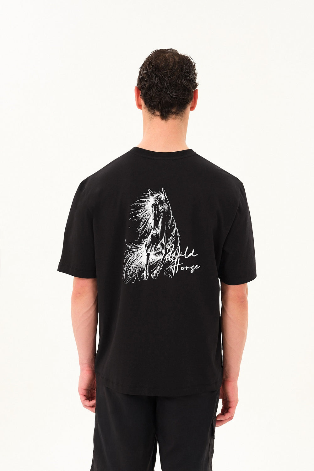 Wild Horse Grafik Baskılı Oversize Bisiklet Yaka T-shirt - Siyah